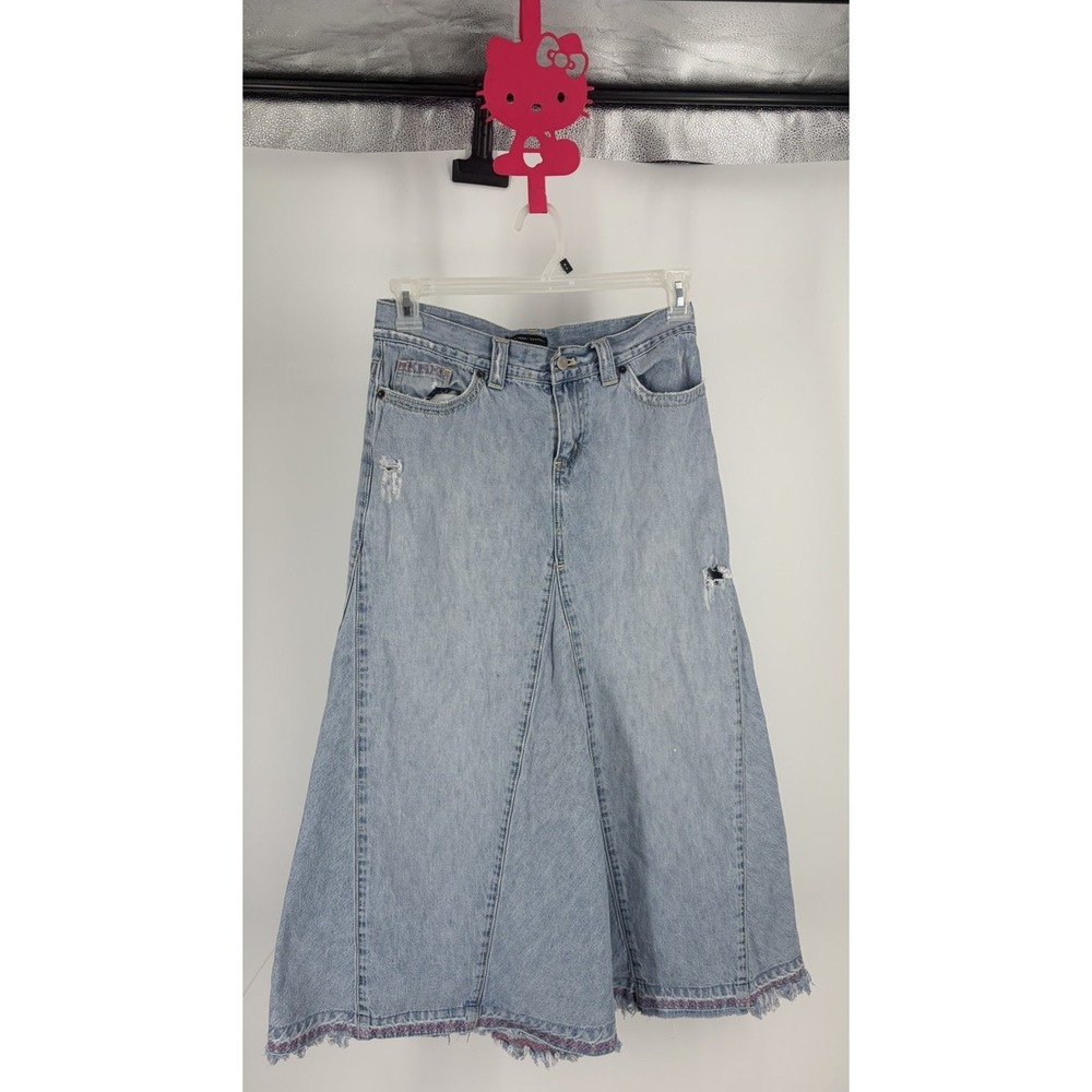 VTG 90s New York & Company Denim Maxi Skirt Embroidered Hem Light Wash Sz 4 Boho